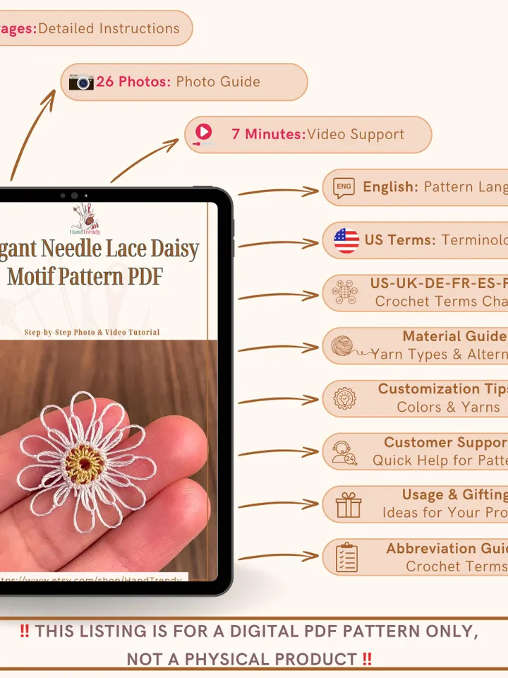 Elegant Needle Lace Daisy Motif Pattern PDF, Intricate Floral Design Tutorial, DIY Jewelry, Embellishments, or Decoration