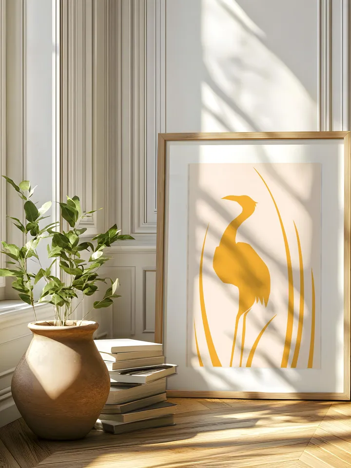 Minimalist Bird Wall Art Boho Bird Poster Abstract Nature Silhouettes Modern Yellow Decor Scandinavian Style Contemporary Bird Digital Art