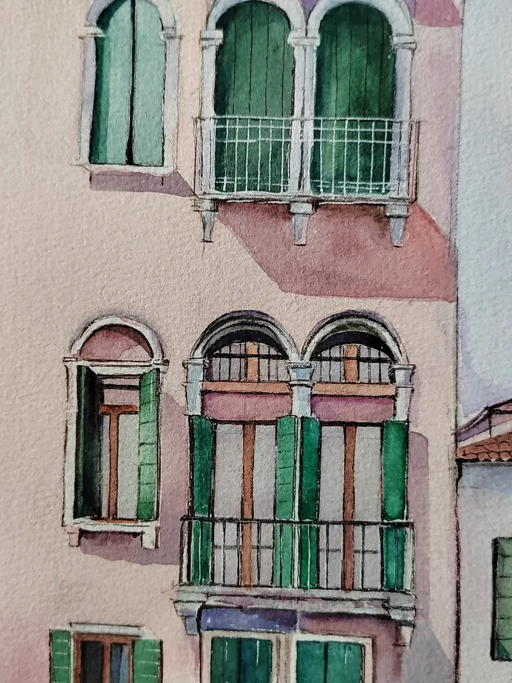 Original Watercolor Painting Urban Landscape Art Pink House Artwork House on Venetian Canal Picture 30x40 cm by SoftWaves