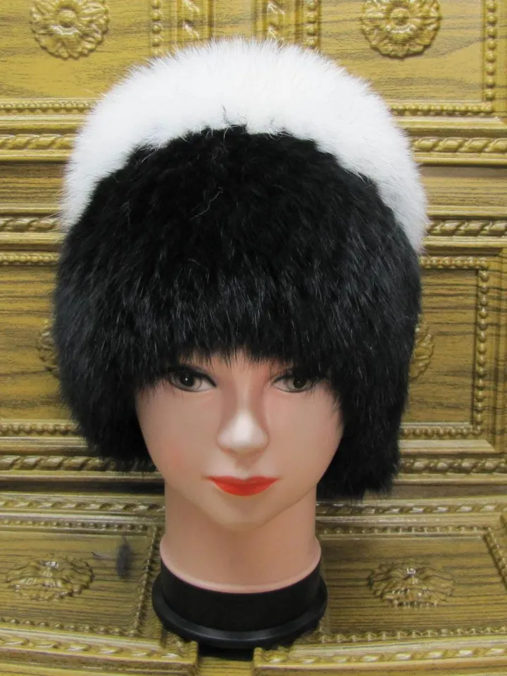 Women's fur hat made of natural rabbit fur. Rabbit hat with arctic fox. Women's winter hat, fur accessory. Rabbit and arctic fox fur.