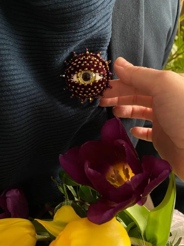 Medieval style yellow eyeball brooch, yellow Dragon Eye