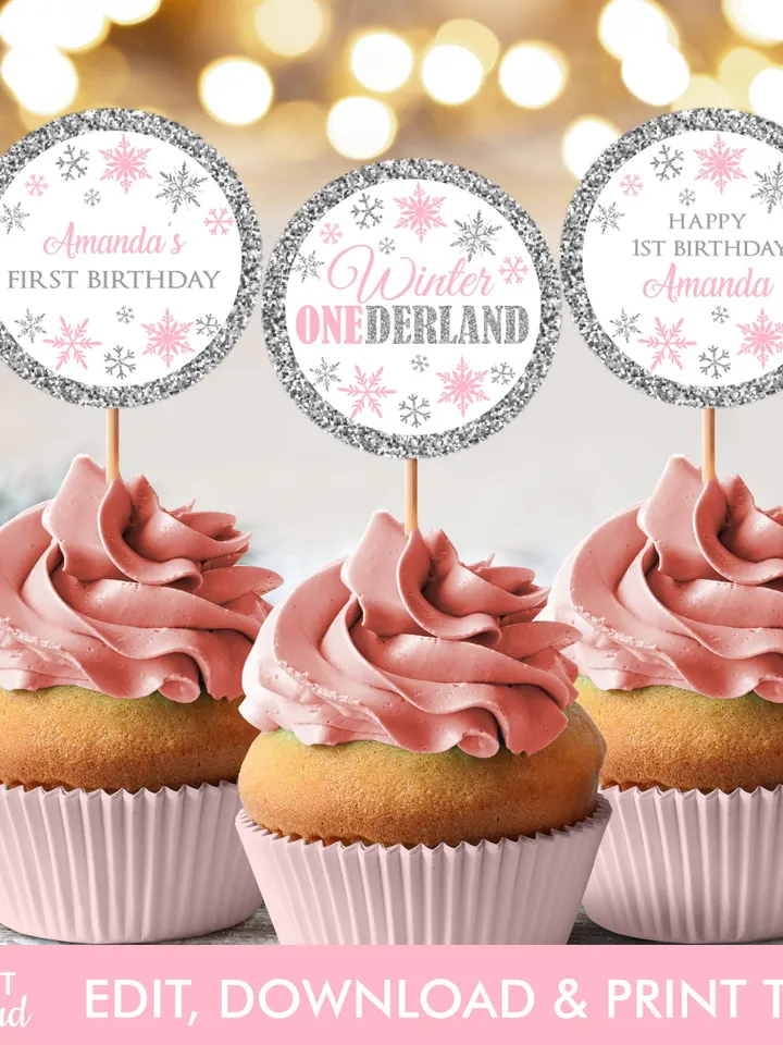 Winter Onederland Birthday Cupcake Toppers, Winter Onederland Birthday Girl Decorations, Snowflakes Cake Toppers, 1st Birthday Template