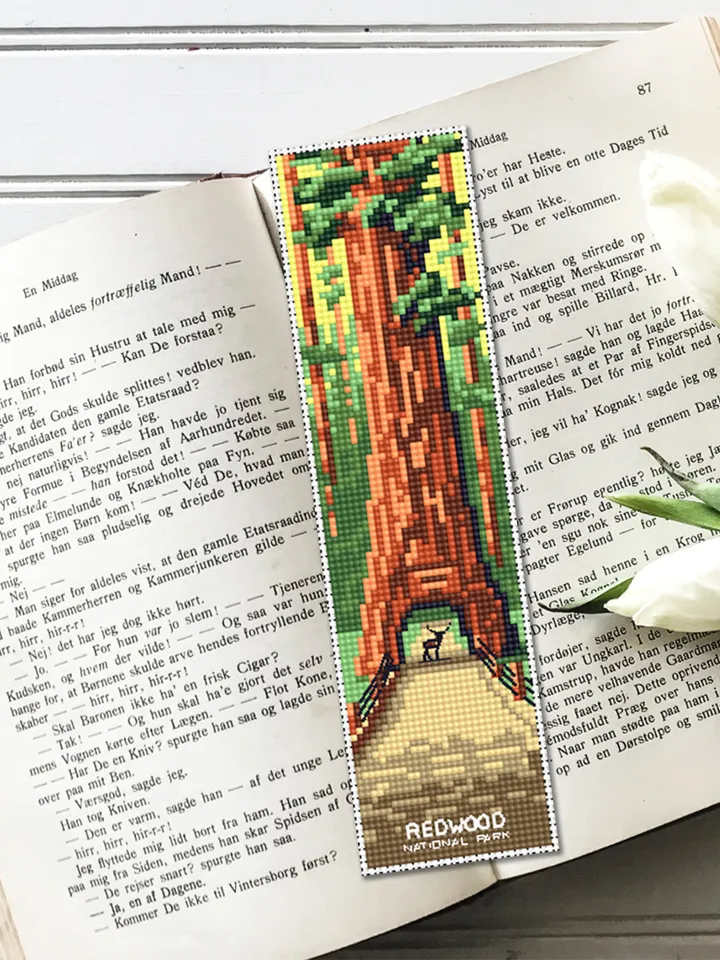 Redwood National park bookmark cross stitch pattern PDF download Nature cross stitch, Bookmark pattern PDF, Sequoia, Road trip Forest #B178