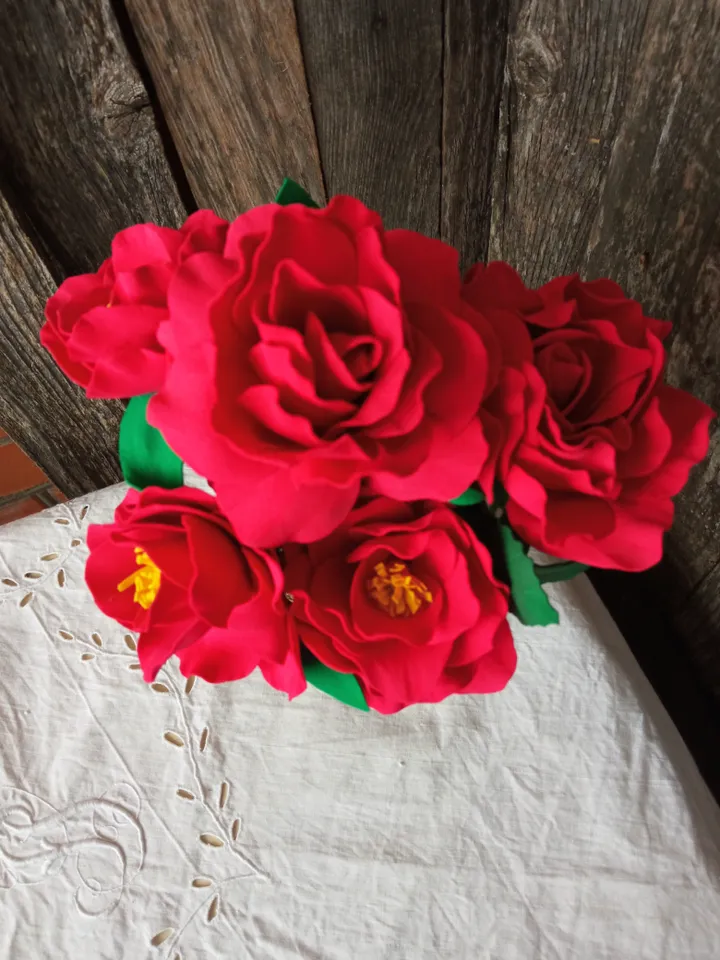 Handmade Red Roses in Paper Mache Vase - Rustic Charm. Home decor indoor Gifts for her