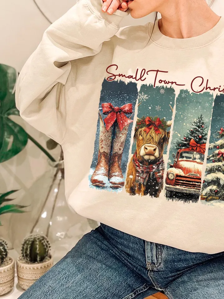 Vintage small town christmas PNG, Cowgirl Png, Small town girl Christmas PNG, highland cow Christmas png, Christmas western png
