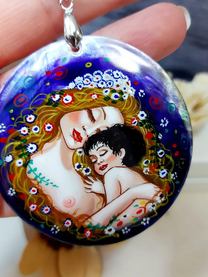 Pendant "Mother and child" Gustav Klimt Mother-of-pearl hand-painted Russian jewelry Summer jewelry fine art jewelry miniature painting