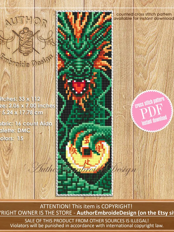 Dragon bookmark cross stitch pattern PDF download Fantasy green dragon cross stitch chart, Chinese dragon pattern, Chinese New Year #B273
