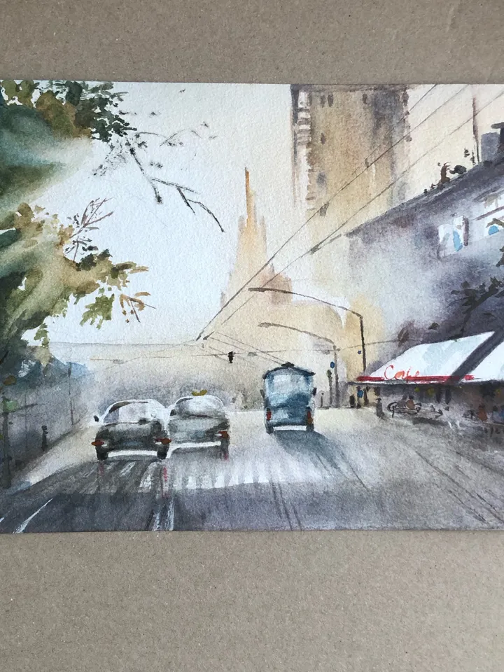 Мorning in the city original watercolour painting wall art hand painted