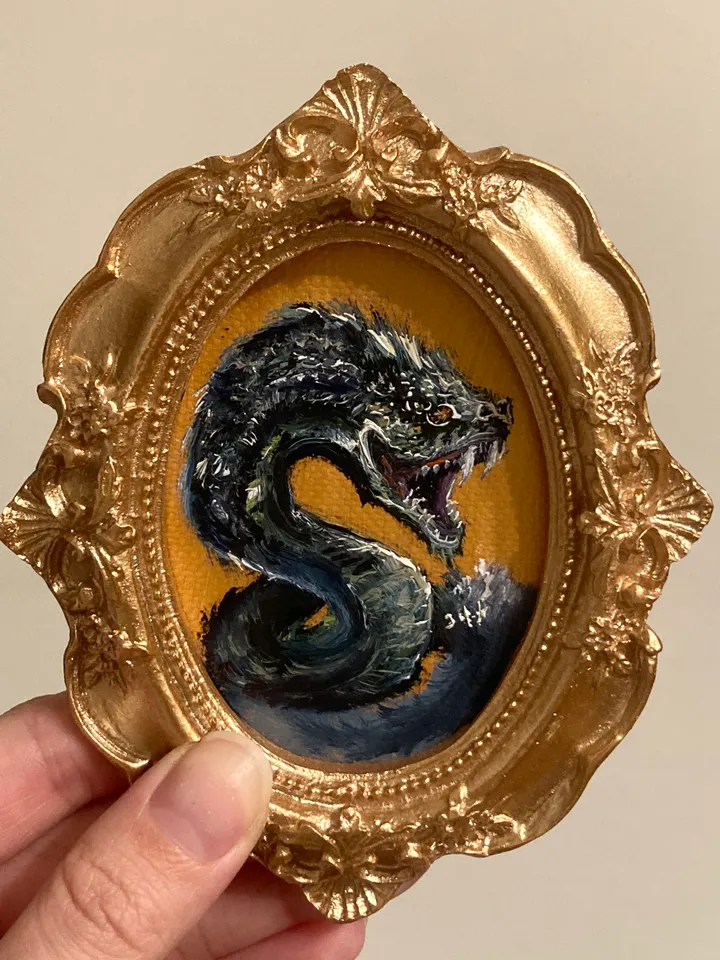 Basilisk Painting Small Original Oval Framed Art Witch Gifts Mini Gold Framed Decor, Mythical Creatures Art, Tiny Art Whimsigoth Decor