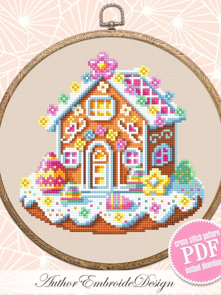 Easter gingerbread house cross stitch pattern PDF download Easter cross stitch chart, Gingerbread pattern digital PDF Easter home decor #T42