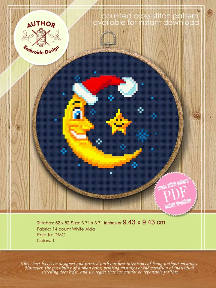 Christmas set cross stitch pattern download PDF Small snowman hand embroidery PDF, Moon cross stitch chart, Christmas cross stitch card #S58