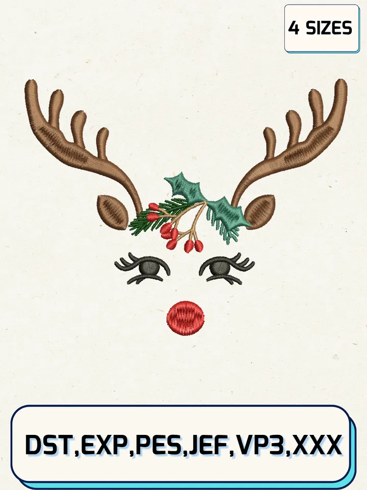Sweet Tidings Christmas Reindeer Face Embroidery Design Files,Christmas Embroidery Designs,Machine Embroidery Files,4 Sizes