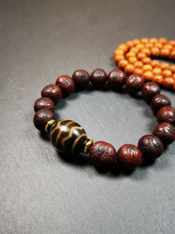 Gandhanra Unique Tibetan Dalo Dzi Bead Bracelet(30 Years Old), Fortune Wave Dzi with Old Bodhi Beads,Fit for 15-19cm Wrist