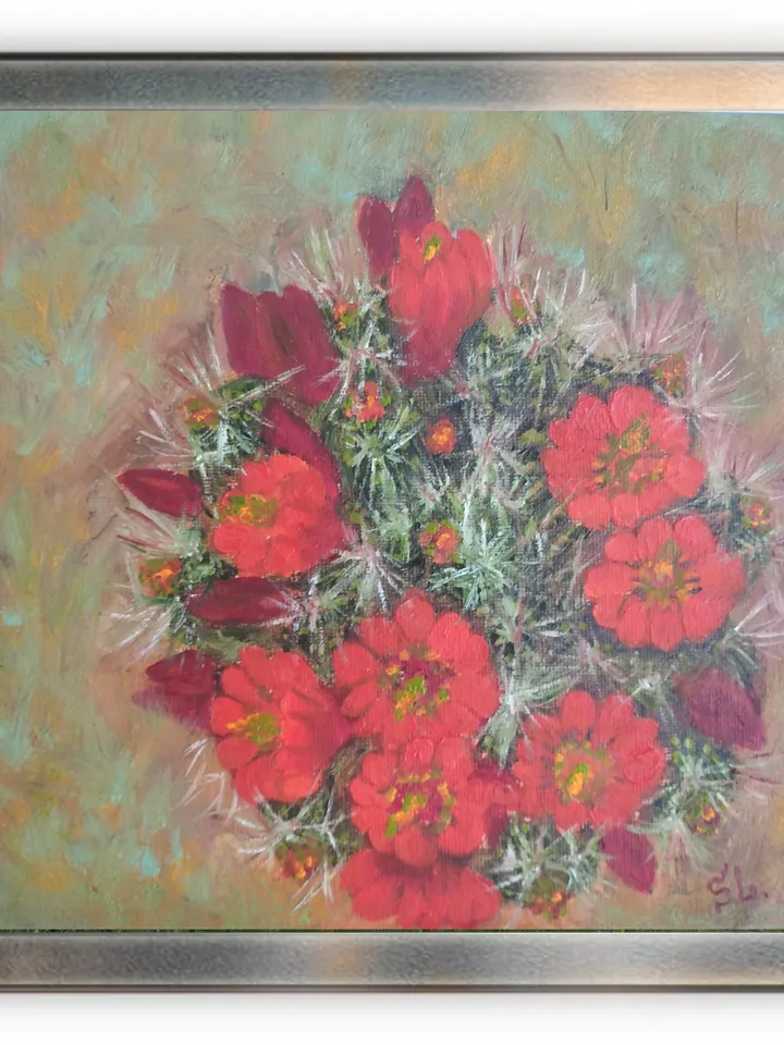 Oil painting of blooming cactus covered with thorns, original painting with red flowers, canvas 8x8 inches