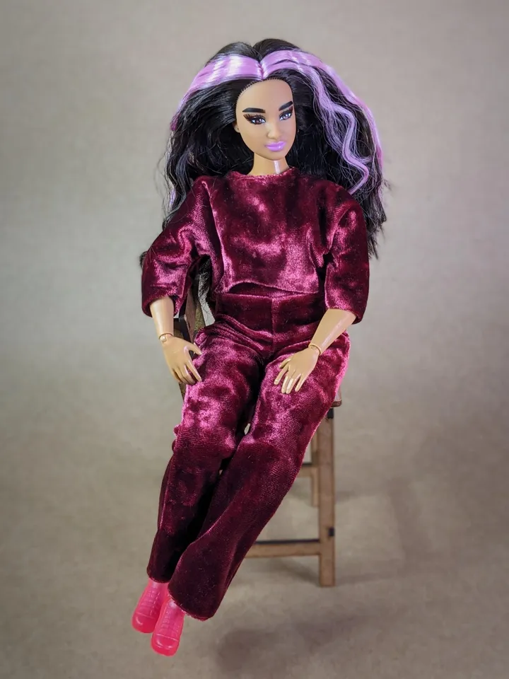Handmade casual red velvet two-piece set (long-sleeve and pants) for 1/6 scale fashion female dolls
