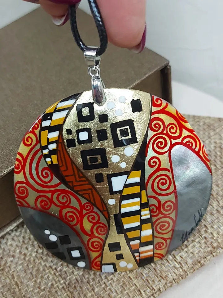 Gustav Klimt.Mother-of-pearl Russian hand-painted necklace.Hand painted miniature painting.Modern.Collectible.Artistic gift.For your beloved
