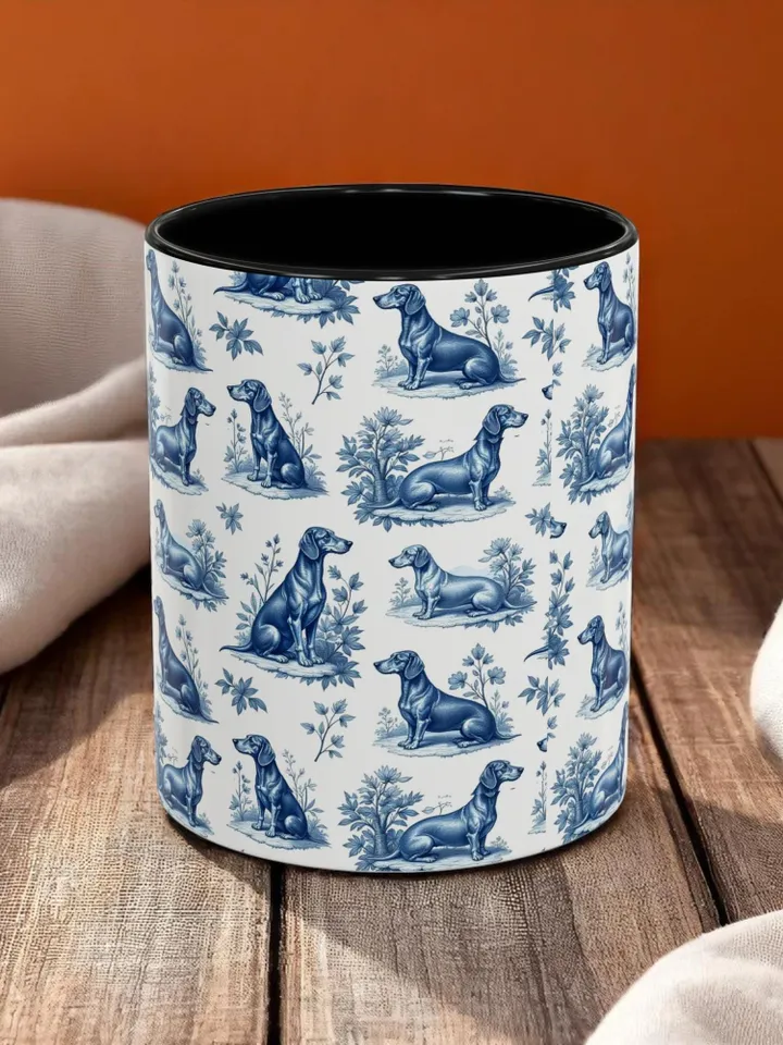 Dachshund French Toile de Jouy Ceramic Mug, Toile Coffee Cup for Doxie Mom, Sausage Dog Lover Gifts, Dog Tea Drinkware, Gift For Dog Lovers