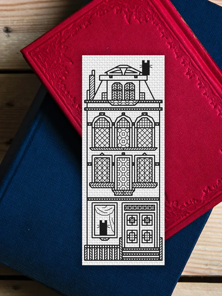 Blackwork bookmark embroidery pattern Cat House