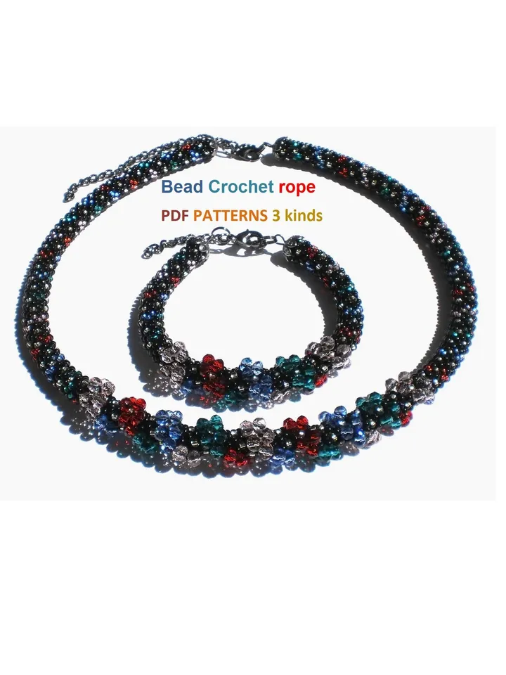 Slim Bead Crochet rope patterns, "Bows" necklace and bracelet, Slip Stitch, 3 Patterns, Instant Download, PDF fail