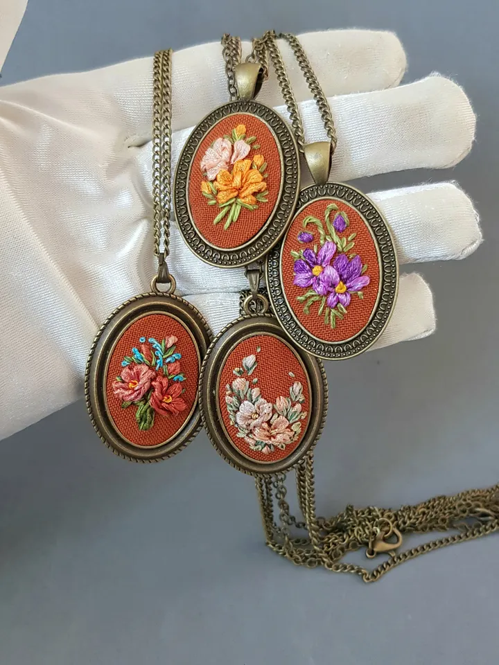Ribbon embroidered pendant for her, handmade jewelry, art 44