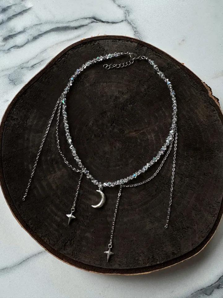 Chain necklace, Choker with a chain and a moon pendant, a necklace with a crescent moon, Silver Choker, Layer Link necklace, Multi Strand necklace