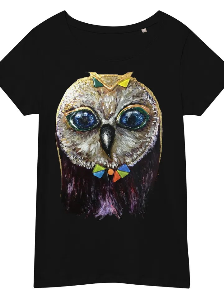 Red owl in glasses Women’s organic t-shirt made with my original stained glass painting,unique design handmade t shirt,special gift for her