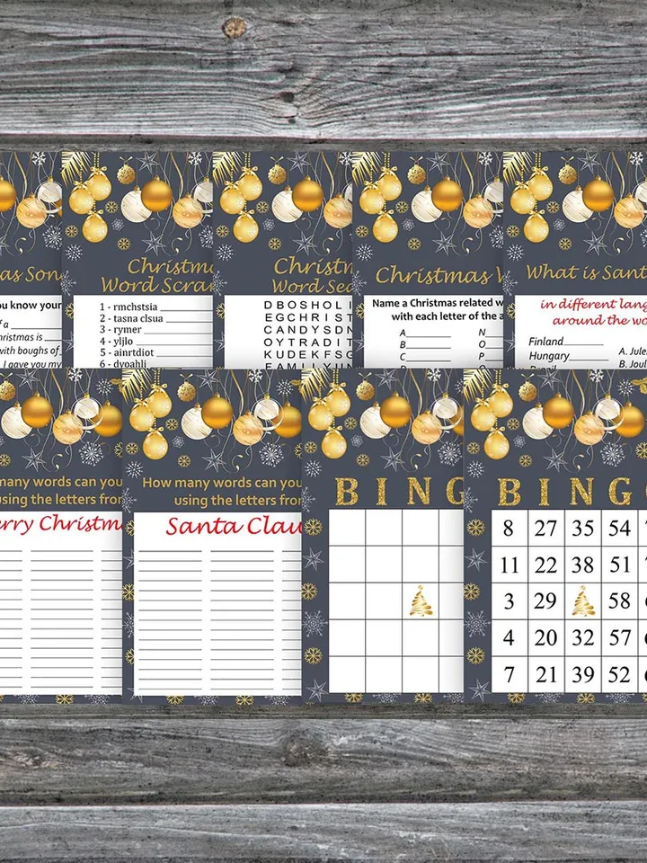 Christmas party games bundle,Printable Christmas Party Game Pack,Golden christmas toys Christmas Trivia Game Cards