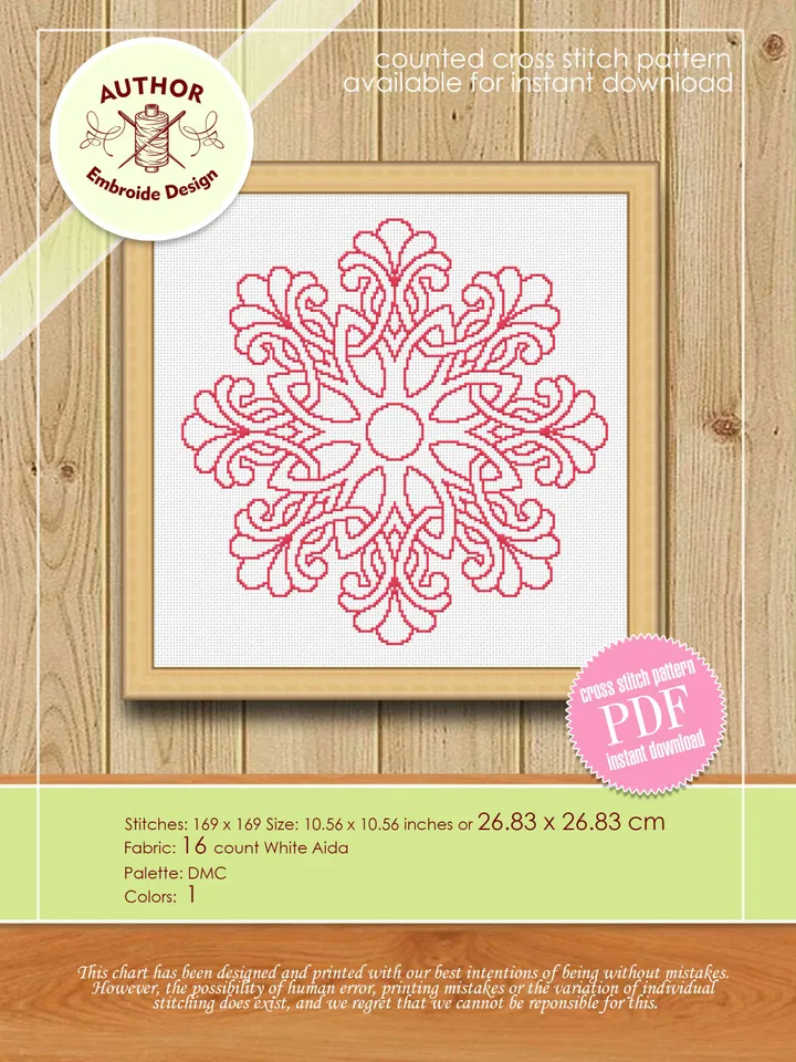 Easy mandala cross stitch pattern download PDF Monochrome cross stitch chart Flower mandala pattern digital Floral ornament embroidery #M48