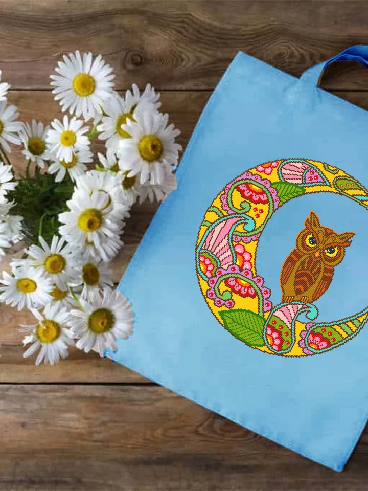 Crescent moon cross stitch pattern download PDF, Colorful mandala cross stitch, Mandala pattern digital PDF, Owl cross stitch chart #M98