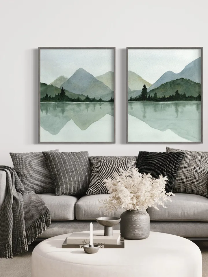 Mountain Lake Print Set Of 2, Large Lake Painting, Minimalist Wall Art, Mountain Forest Art, Living Room Decor,