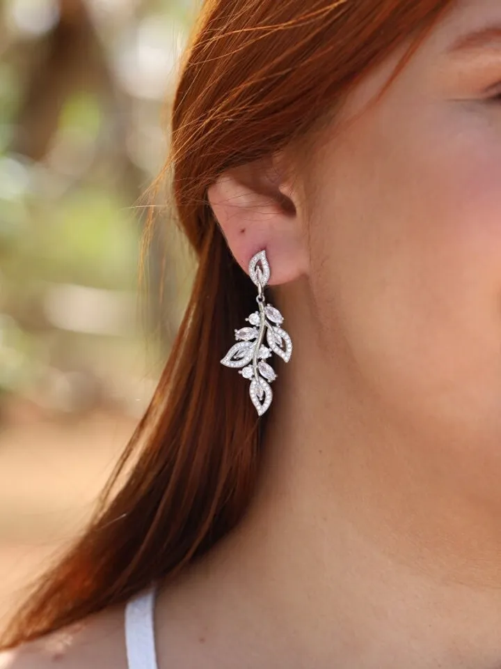 Swarovski Crystal Wedding Earrings, Silver Chandelier Earrings, Long Statement Earrings, Floral Bridal Earrings, Flower Wedding Earrings