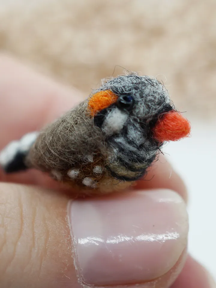 Miniature needle felted zebra finch, tiny bird, made to order