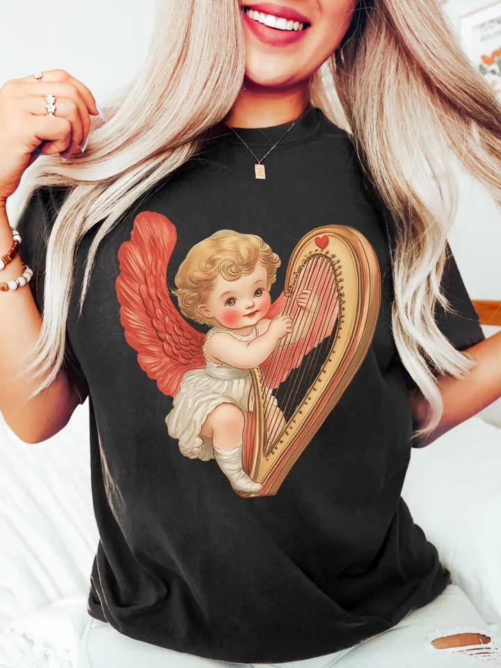 Retro Romantik Cupid Valentines Day PNG, Vintage Valentines Day png, Vintage Cupid With Harp png, Valentines Day png, Cupid png, vday shirt