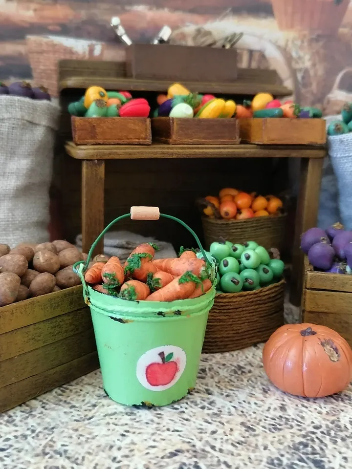 Bucket with carrots. Puppet miniature. 1:12. Doll garden.