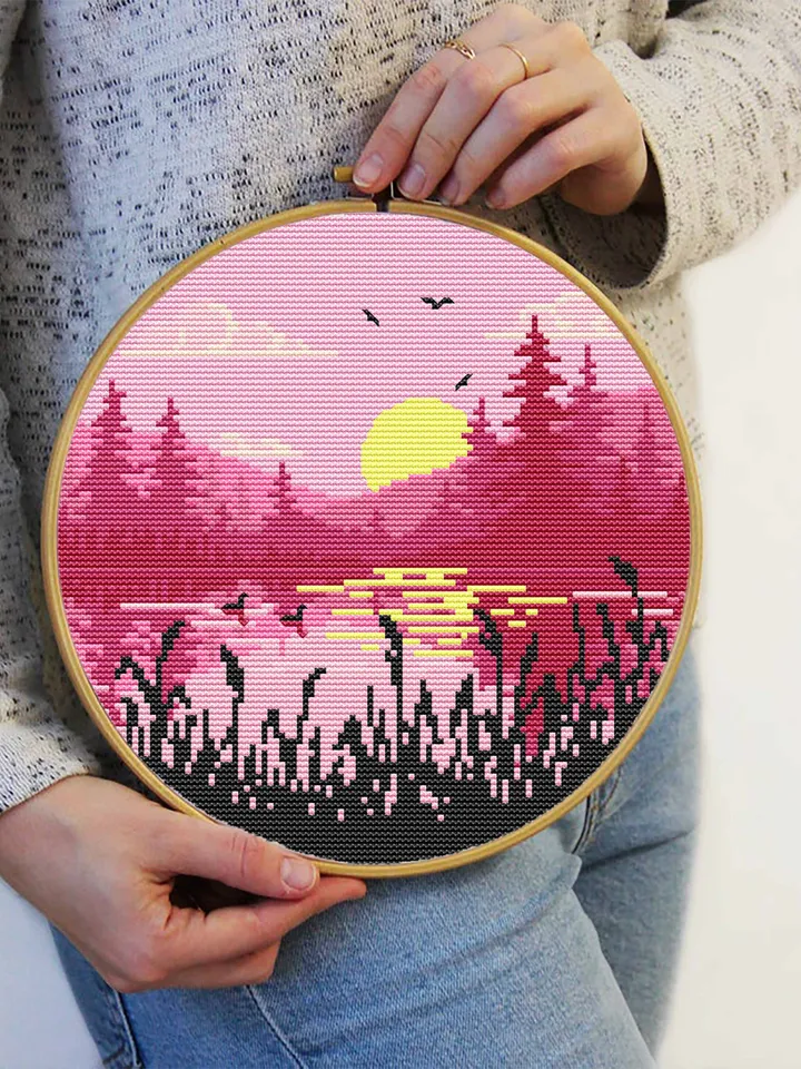 Nature cross stitch pattern download PDF Lake landscape cross stitch Sunset embroidery Forest silhouette xstitch chart DIY Home decor #L15