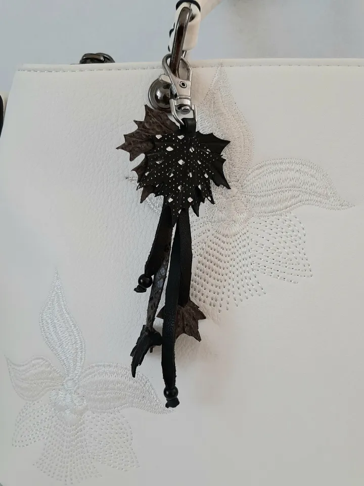 Black maple Leaf Keychain Leather tassel charm Leather Pendant