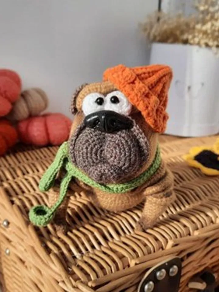 Stuffed pug interior toy. Beige Pug in Cute Pumpkin Costume. Personalized Costume for Toy