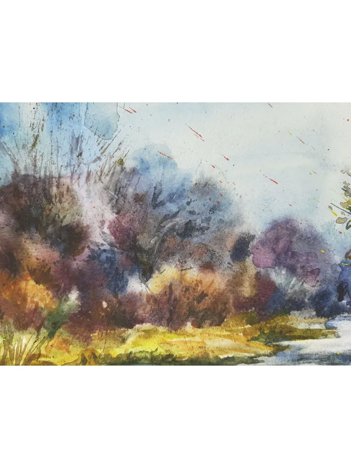 Autumn Pond Foggy Morning Melancholy Autumn ORIGINAL Watercolor Art 8x11 inches Signed by artist Marina Chuchko