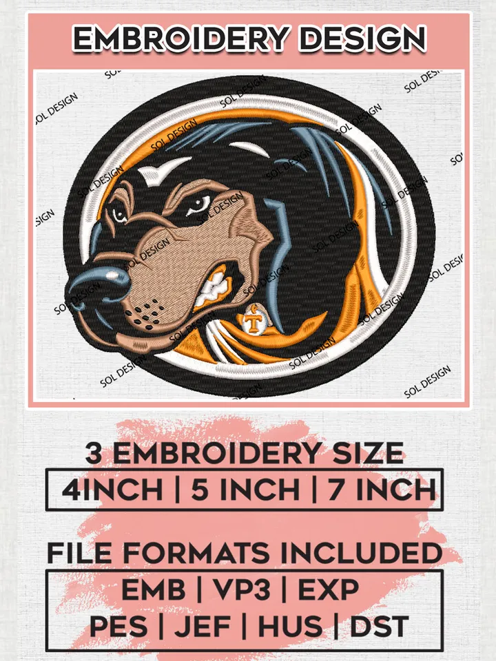 NCAA Tennessee Volunteers Team Head Mascot Logo Embroidery Design Files, NCAA Tennessee Volunteers Machine Embroidery, NCAA Teams, Game Day, 3 sizes, NCAA Machine embroidery designs, Digital Download