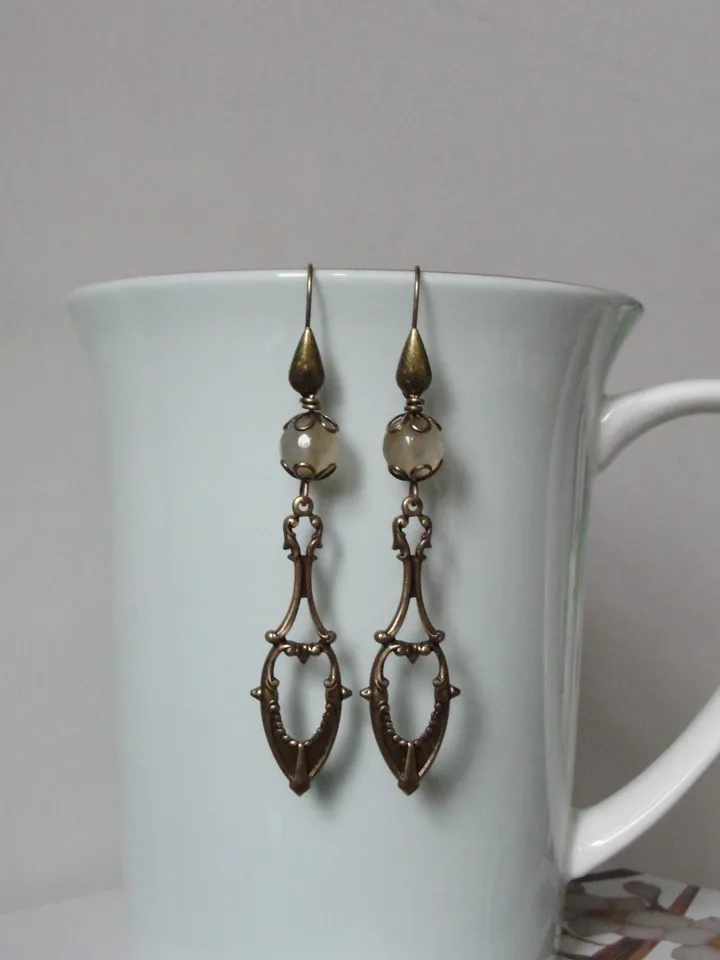 Boho Shabby chic Vintaj solid and natural brass with agate beads earrings