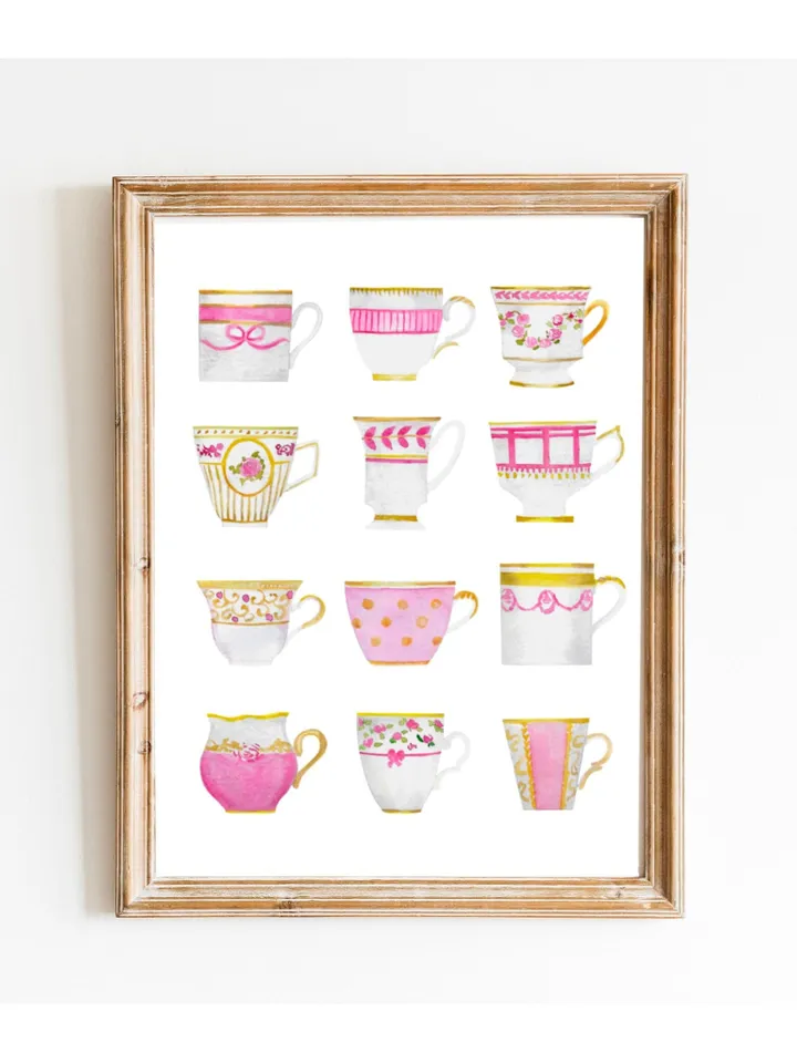 Pink Tea Cups Print, Watercolor Painting, Tea Art, Gift For Tea Lovers, Kitchen Art, Vintage Tea Cup Art, Tea Watercolor, Tea Gift, Cup Art