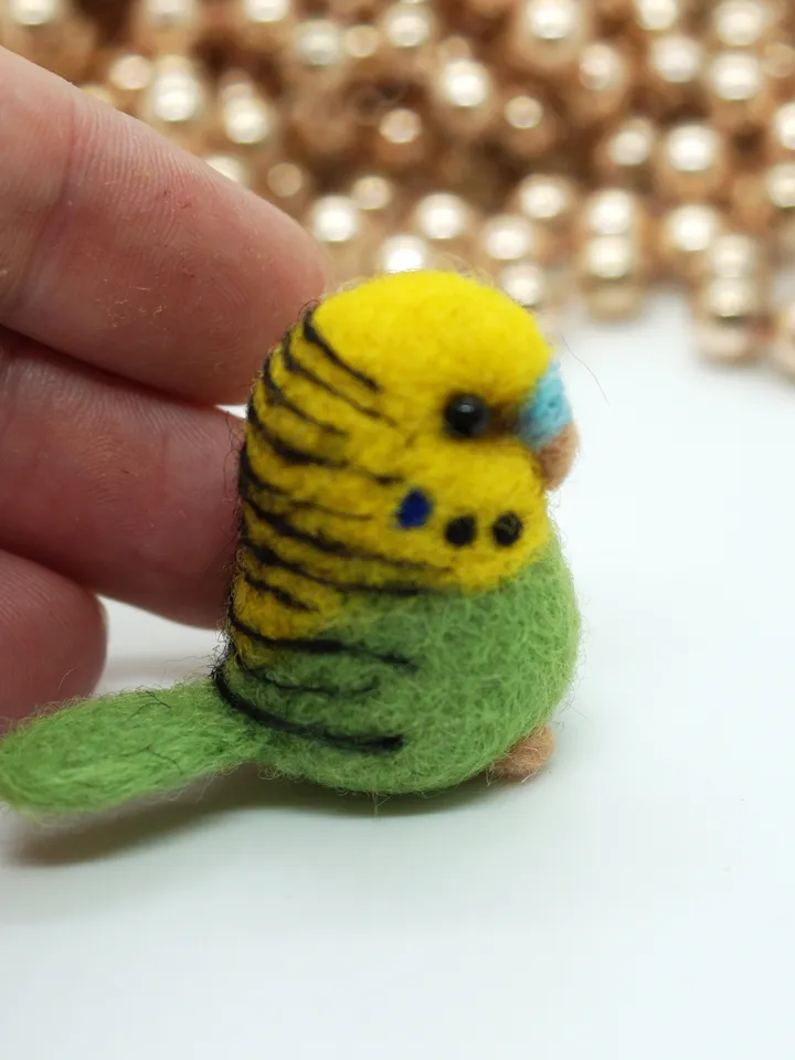 Miniature needle felted green and yellow budgie, pet bird, needle felted parakeet, made to order