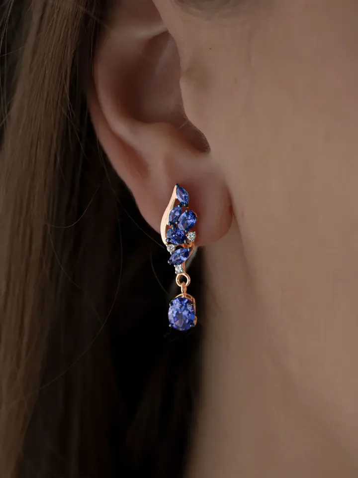 Earrings jewelry Silver gold plated 925 assay value with tanzanite