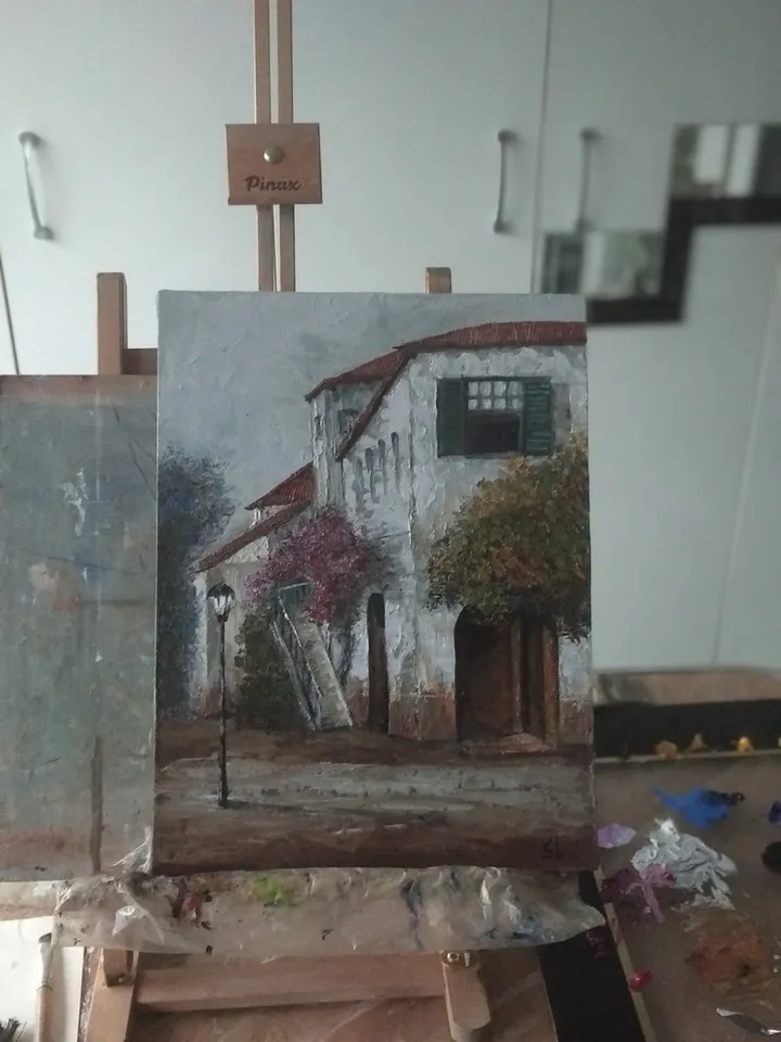 Oil Painting Old Houses, South Street, White House, Flowering Bush, Original Painting Reproduction 16x12 inches.