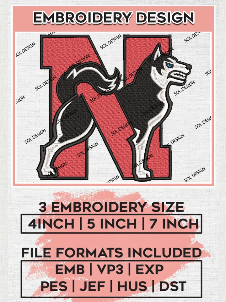 Northeastern Huskies Football Team Letter Mascot Logo Embroidery Design Files, NCAA Northeastern Huskies Machine Embroidery, NCAA Teams, Game Day, 3 sizes, NCAA Machine embroidery designs, Digital Download