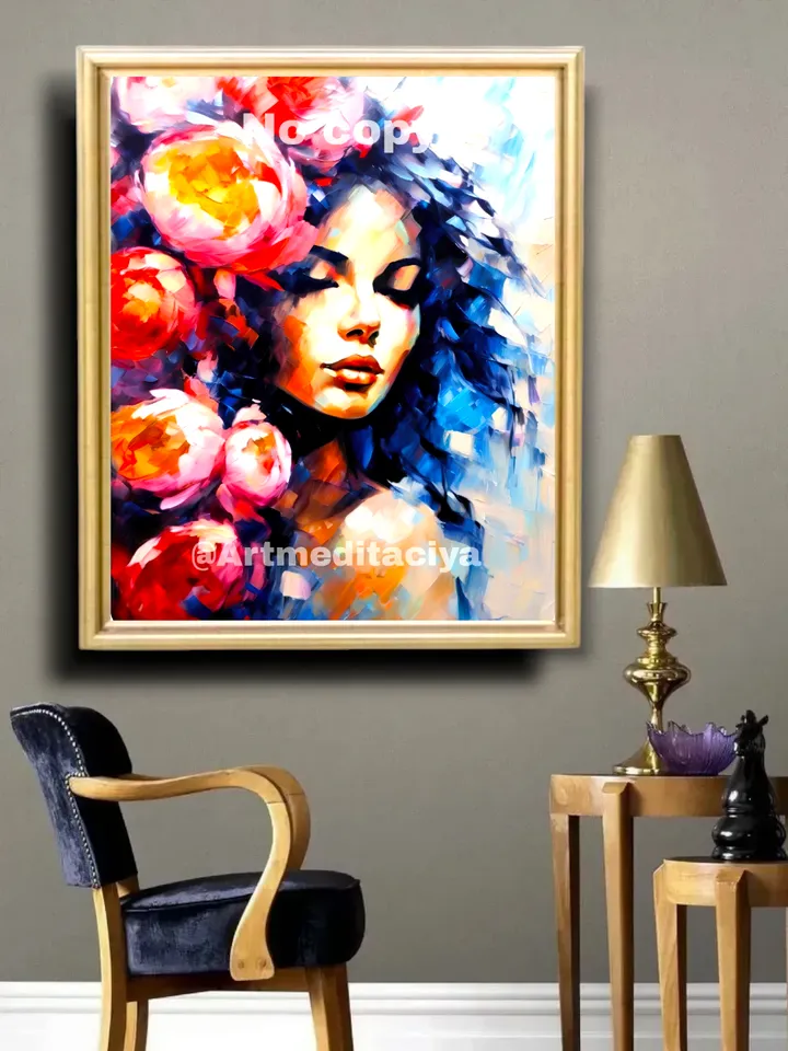 Digital abstract texture painting "Girl in pink peonies". This is a vivid image of a mysterious brunette with flowing hair on an abstract background in the style of oil painting with a palette knife