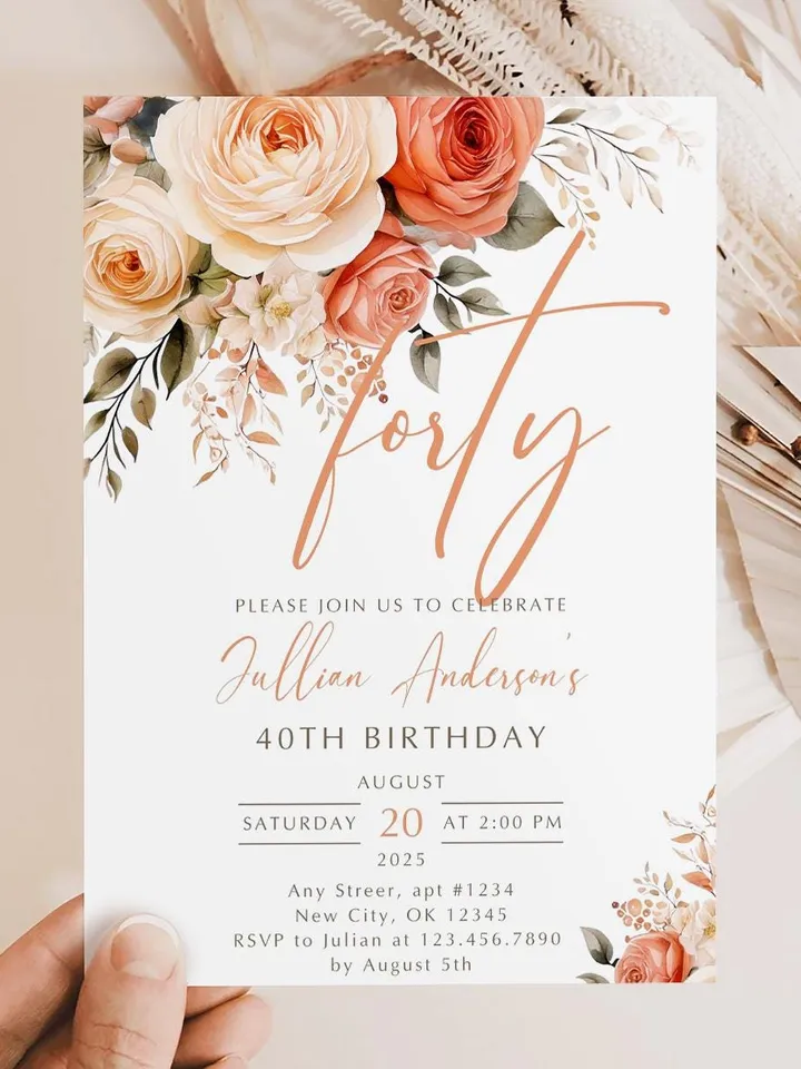 40th Birthday Invitation, Birthday Party Invitations for Women, Forty Floral Birthday Invite for Her, Canva Editable Template, Digital File