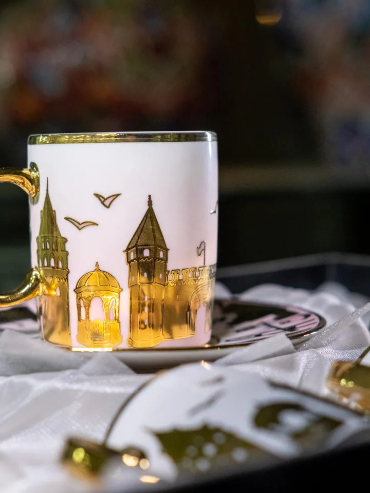 Black And Gold Istanbul Themed Luxury 12 Pieces Tea Cups And Saucers | Black and Gold Tea Cups | Elegant 12-Pieces Tea Cups
