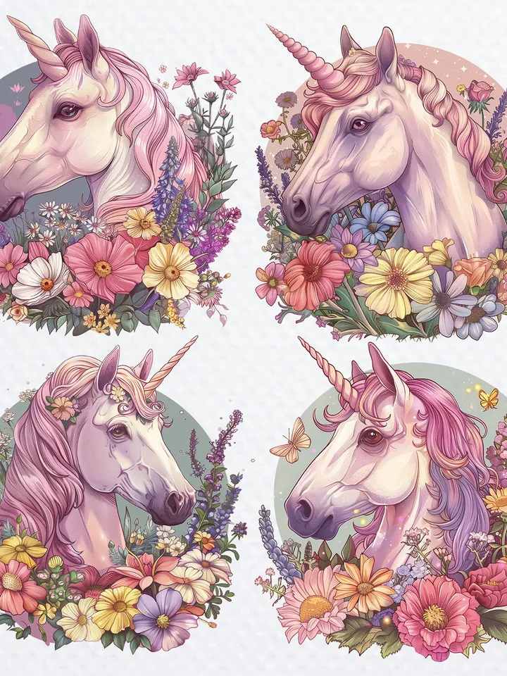 12 Unicorn in flowers Clipart, Unicorn Сlip Art, Cute Unicorn digital download, Flower Unicorn Png, sublimation Unicorn Png
