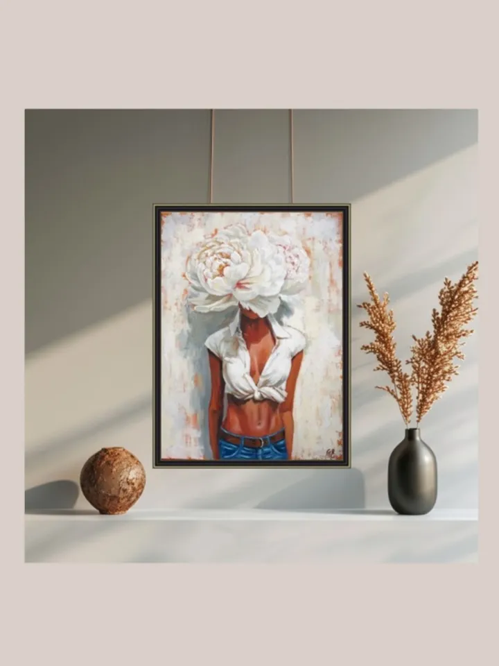 Original Oil Painting Portrait of a Girl With Flowers Woman Wthout Face With Peony Work of Art